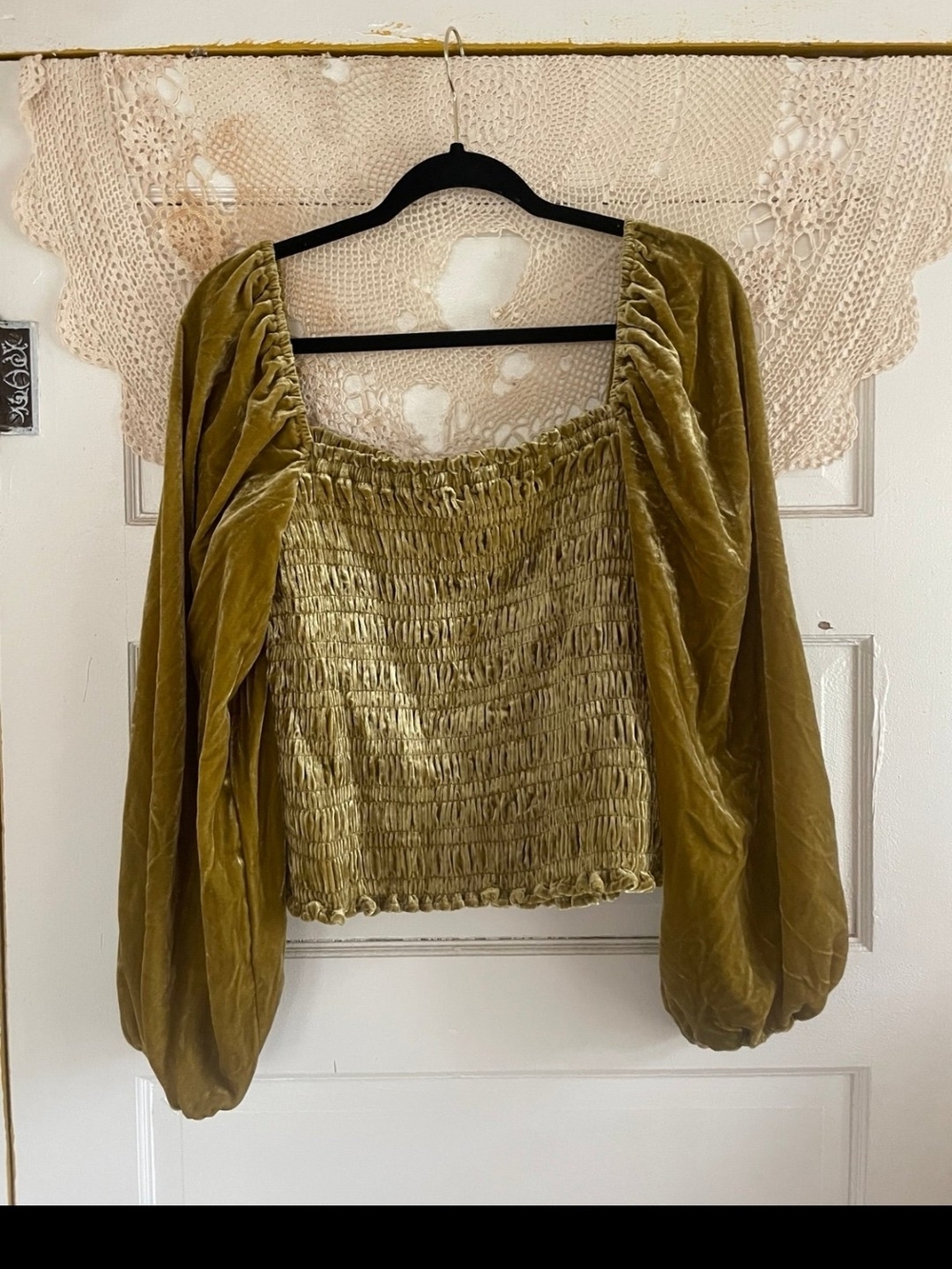 Anthropologie Burnt Gold Velvet Smocked Puff-Sleeve Smocked Top